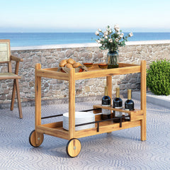 Bar Cart with Wine Bottle Holders, Acacia Wood