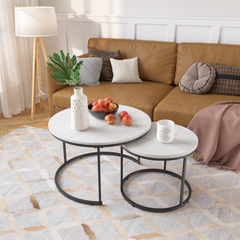 Nesting Coffee Table Set of 2, 27.6inch Round Wood Marble Pattern Top with Sturdy Metal Frame