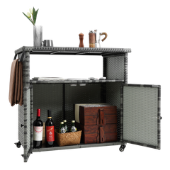 Outdoor Wicker Bar Cart with Glass Top and Wheels