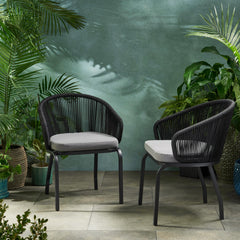 Outdoor Accent Chair with Rope Weave and Metal Frame, Set of 2, Grey