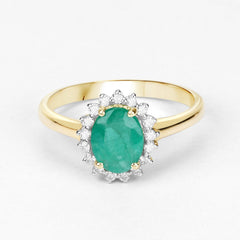 1.39 Carat Genuine Zambian Emerald and White Diamond 10K Yellow Gold Ring
