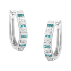 10k White Gold Round and Blue Baguette 1/2 cttw Diamond Hoop Earrings (I-J Color, I2-I3 Clarity)