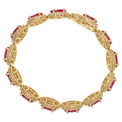 14K Yellow Gold 6 2/5 Cttw Diamond and 34.0 Cttw Oval Red Ruby Halo Link Bracelet (I-J Color, SI1-SI2 Clarity) - 7.25" Inches