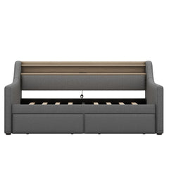 Twin Size Linen Upholstered Daybed with Storage Drawers and LED Lights
