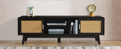 63'' Dark Rattan TV Stand with 2 Storage Cabinets and Solid Wood Legs