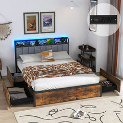 Twin/Full/Queen Bed Frame with LED Lights Upholstered Headboard and 4 Storage Drawers-Full Size