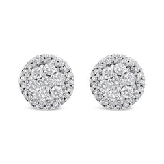 14K White Gold 1.0 Cttw Brilliant-Cut Diamond Halo-Style Cluster Round Button Stud Earrings (H-I Color, I1-I2 Clarity)