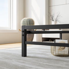 Industrial Platform Bed with Storage and Vintage Wood Headboard - Black