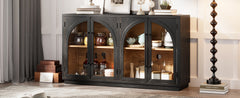 4-Door Large Storage Sideboard Buffet Cabinet with Glass Doors Arched Cabinet (Black)