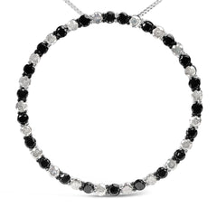 .925 Sterling Silver 3.0 Cttw Alternating Black and White Diamond Open Hoop Circle Pendant Necklace (H-I Color, I3 Clarity) - 18" Inches