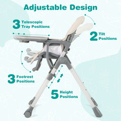 Foldable High Chair with Footrest and Detachable Tray-Beige