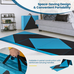 4-Panel PU Leather Folding Exercise Gym Mat with Hook and Loop Fasteners-Black & Turquoise