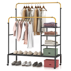 Rolling Double Rods Garment Rack with Height Adjustable Hanging Bars-Golden