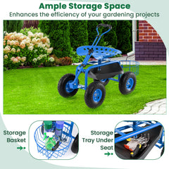 Heavy Duty Garden Cart with Tool Tray and 360 Swivel Seat-Blue