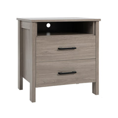 Modern Wood Grain Nightstand with Cable Hole and Open Compartment