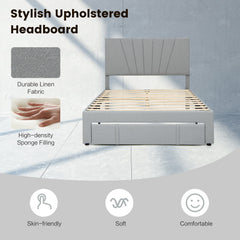 Full/Queen Size Upholstered Bed Frame with Drawer and Adjustable Headboard
