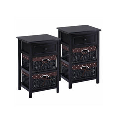 3 Tier Set of 2 Wood Nightstand with 1 and 2 Drawer