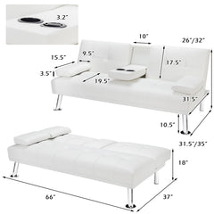 Convertible Folding Leather Futon Sofa with Cup Holders and Armrests