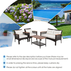 4 Pieces Patio Rattan Acacia Wood Furniture Set with Cushions and Armrest