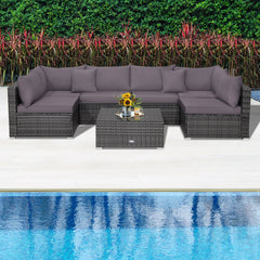 7 Pieces Patio Rattan Furniture Set Sectional Sofa Garden Cushion