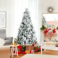 6 Feet Snow Flocked Christmas Tree with Pine Cone and Red Berries