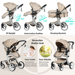 Folding Aluminum Infant Reversible Stroller with Diaper Bag-Beige