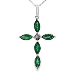 Emerald Diamond Cross Religious Pendant 10KT White Gold