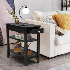 Side End Table with Drawer and 2-Tier Open Storage Shelves for Space Saving-Black
