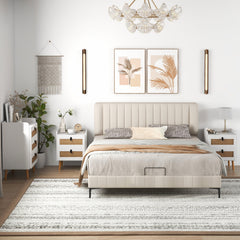 Modern End Table Bedside Table with 2 Rattan Decorated Drawers