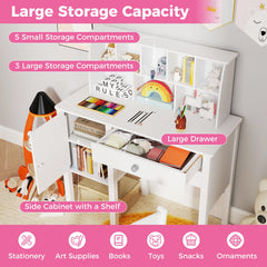 Kids Study Desk and Chair Set with Chair Hutch and Storage Cabinet for 3+ Years Old-White