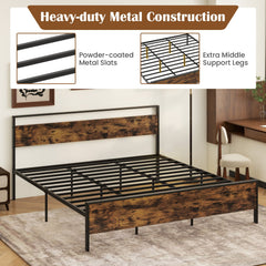 King Metal Bed Frame Industrial Platform Bed with Wooden Headboard-King Size
