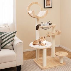 4-in-1 Large Wooden Cat Tower with Space Capsule Nest for Indoor Cats