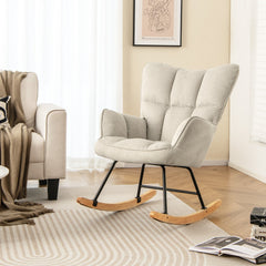 Linen Nursery Rocking Chair with High Backrest and Padded Armrests