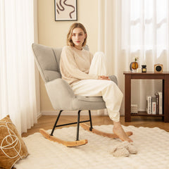 Linen Nursery Rocking Chair with High Backrest and Padded Armrests