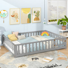Montessori Bed Frame with Full-length Guardrails Safety Door and Latch-Gray