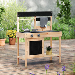 Mud Kitchen Playset Kids Play Kitchen Outdoor with 2 Removable Sinks-Natural