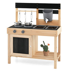 Mud Kitchen Playset Kids Play Kitchen Outdoor with 2 Removable Sinks-Natural