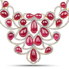 160.14 Carat Glass Filled Ruby and White Diamond .925 Sterling Silver Necklace