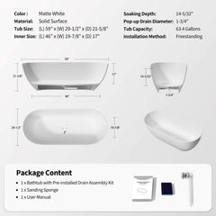 Nuvia 59-Inch Luxury Solid Surface Matte White Freestanding Soaking Tub (SAK95320)