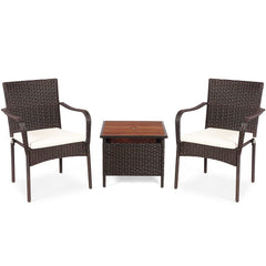 3 Pieces Patio Rattan Furniture Bistro Set with Wood Side Table and Stackable Chair