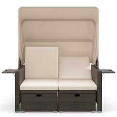Outdoor Patio Rattan Daybed with Retractable Canopy and Adjustable Backrests-Beige