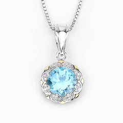 2.32 Carat Genuine Swiss Blue Topaz and White Diamond 14K Yellow Gold with .925 Sterling Silver Pendant