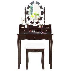 Oval Mirror Vanity Set with 10 LED Dimmable Bulbs and 3 Drawers-Brown
