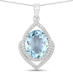 3.82 Carat Genuine Aquamarine and White Diamond 14K White Gold Pendant