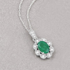 0.79 Carat Genuine Zambian Emerald and White Diamond 10K White Gold Pendant