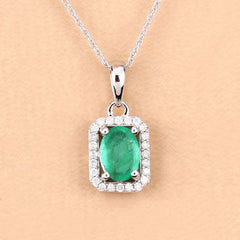0.83 Carat Genuine Zambian Emerald and White Diamond 10K White Gold Pendant