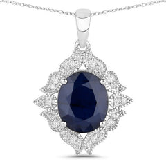 6.44 Carat Genuine Blue Sapphire and White Diamond 14K White Gold Pendant