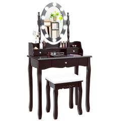 Oval Mirror Vanity Set with 10 LED Dimmable Bulbs and 3 Drawers-Brown