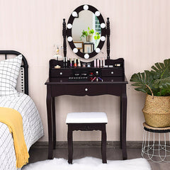 Oval Mirror Vanity Set with 10 LED Dimmable Bulbs and 3 Drawers-Brown
