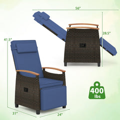Patio Wicker Recliner Chair with Adjustable Backrest and Footrest-Navy